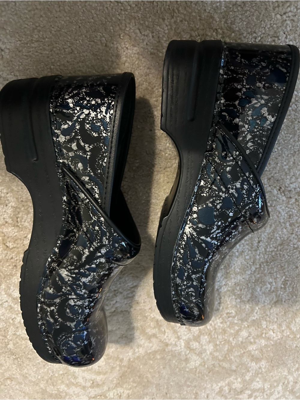 Dansko slip on clogs. Shiny, black, silver, & blue, leather. - Picture 2 of 10